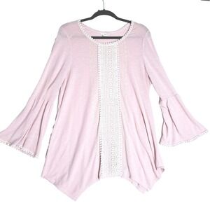 Tru Self Shirt Womens XL Pink Lace Trim Bell Sleeve‎ Handkerchief Hem Boho Top